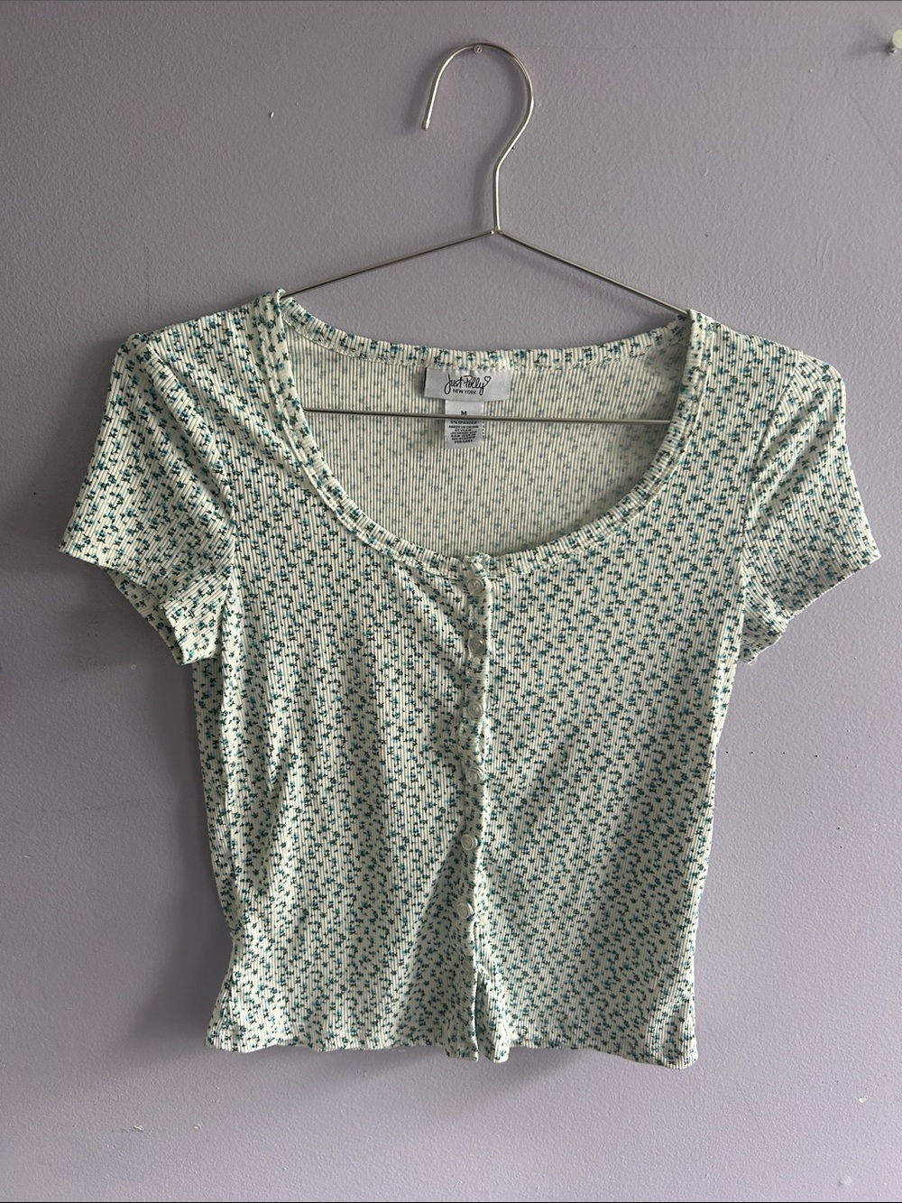 White Floral Scoop Neck Button Front Top